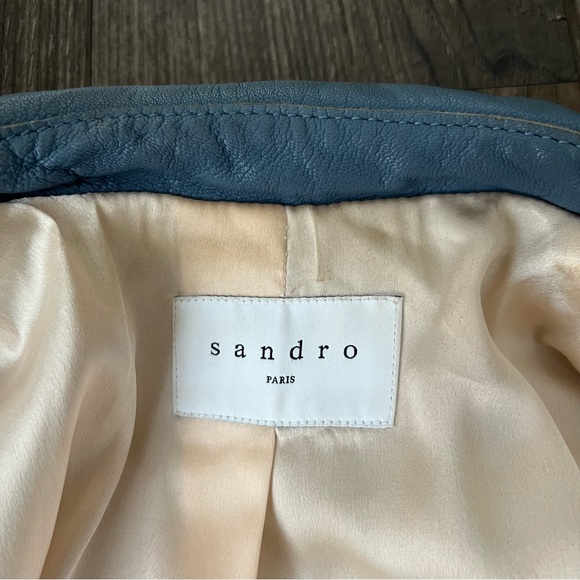 Sandro Blue Goat Leather Coat Biker Moto Bomber Jacket with Pleated Sleeves - Picture 11 of 16